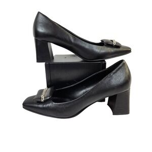 NAPOLEONI Black Leather Square Toe Block Heel Chain Pumps Womens Size 9 EU 40